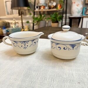 Lenox Chinastone‎ Country Blue sugar and creamer set Blue Scroll Vintage